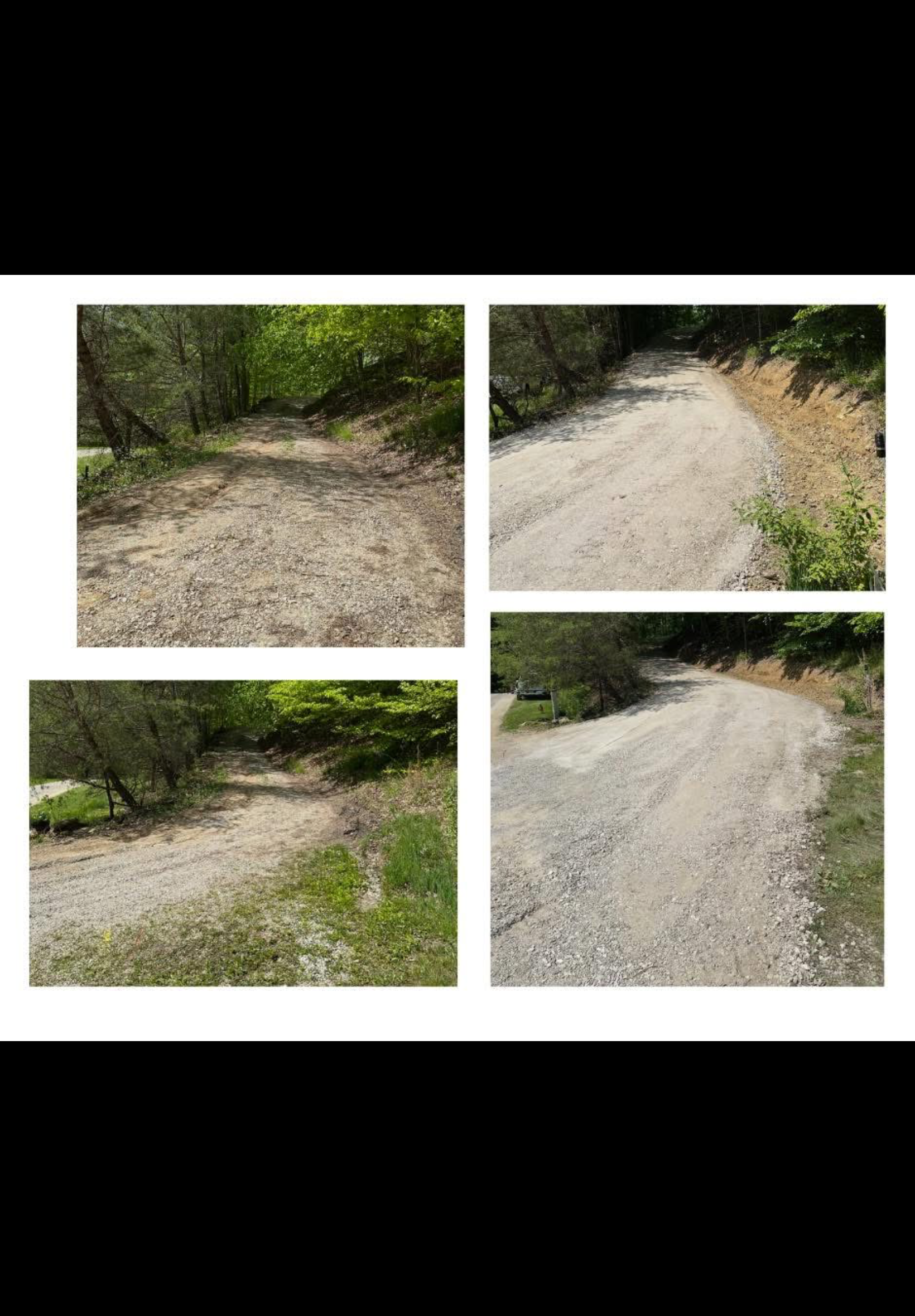 Four photos of gravel roads through wooded areas before and after regrading