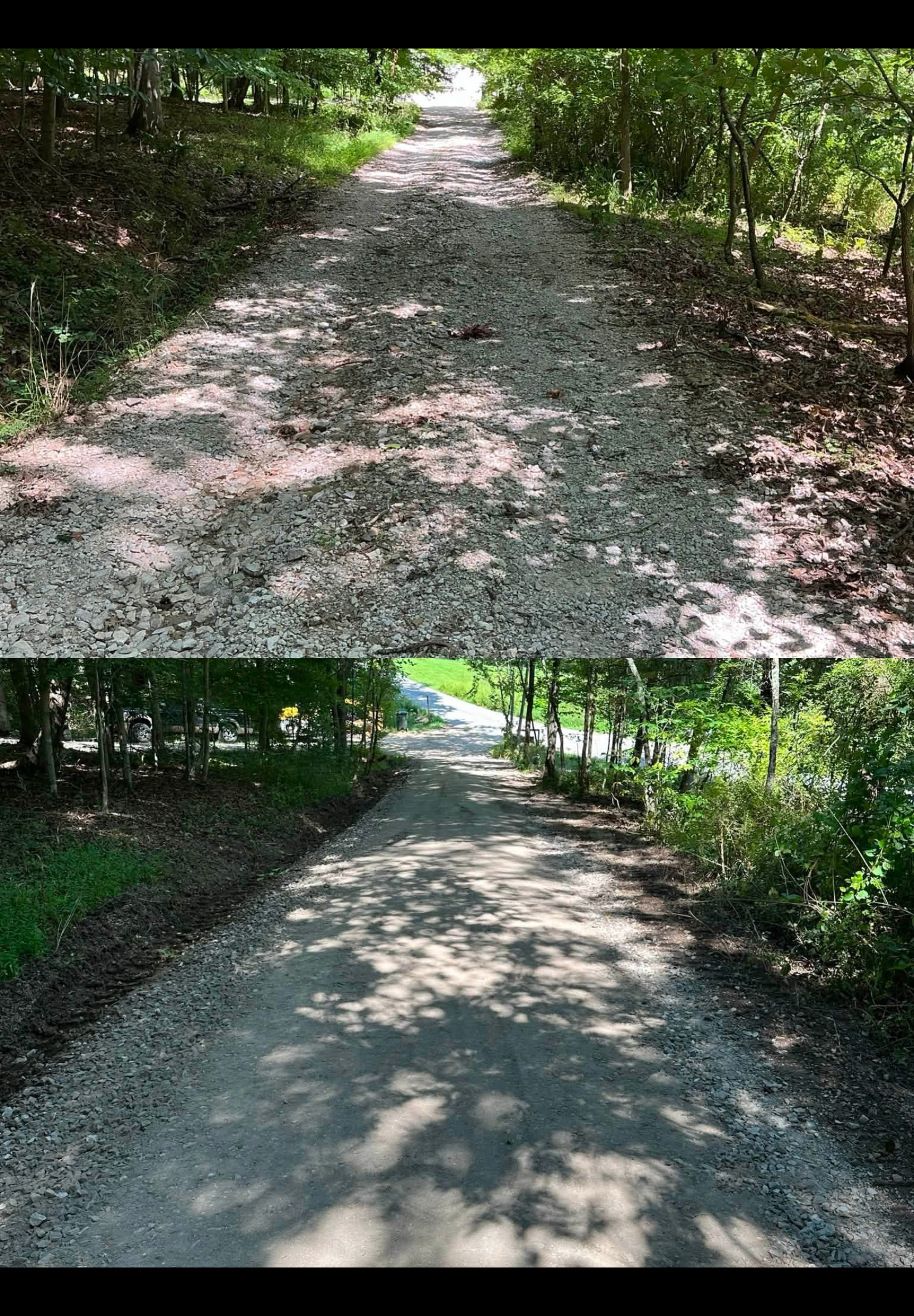 Before and after of gravel driveway restoration through tree-lined lane
